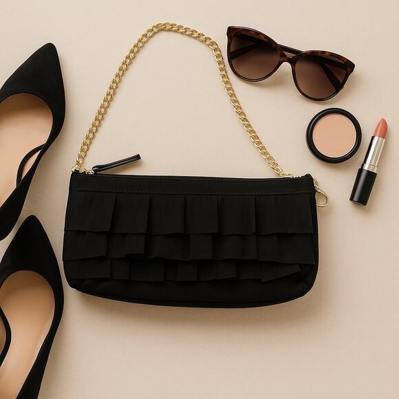 Solid Black Ruffled Clutch w/Chain - Picture 1 of 4